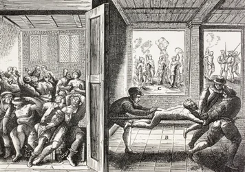 Propaganda z XVI wieku ilustrująca przemoc francuskich hugenotów wobec katolików na południu Francji.