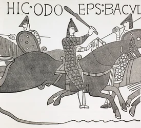 Biskup Edues trzymający batutę i zachęcający żołnierzy księcia Normandii w bitwie pod Hastings. Na podstawie szczegółu z gobelinu z Bayeux.