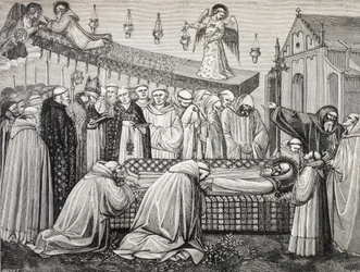 Śmierć świętego Benedykta z Nursji lub San Benedetto Da Norcia, 480-547, w opactwie na Monte Cassino.