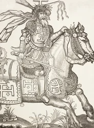 Gotfryd z Bouillon, około 1060-1100, średniowieczny rycerz frankijski. Jeden z przywódców I wyprawy krzyżowej. Ukazany tu w koronie z narzędzi Męki Pańskiej. Według drzeworytu z XV wieku.