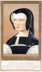 Portret Louise de Savoie (1476-1531), księżnej Angouleme i regenty Francji. Chromolitografia z „Ludwika XII i Anny de Bretagne” Paula Lacroix, wyd. Georges Hurtrel