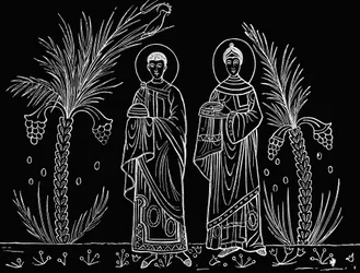 Święta Cecylia i jej mąż Walerian. Na podstawie mozaiki z III lub IV wieku zachowanej w kościele św. Cecylii w Rzymie.