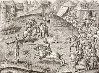 Tilting At A Quintain, The Revolving Effigy of a Knight. Na podstawie miniatury z XV-wiecznego Chroniques De Charlemagne.