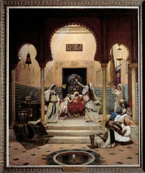 Wschodnie tancerki (brzuch) w haremie odwracają uwagę paszy. Malarstwo Paula Boucharda (1853-1937) 1893 Sun. 1,6x1,3 m Paryż, musee d