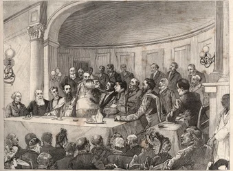 Kongres Przeciw Niewolnictwu, który odbył się w Paryżu w dniach 21, 22 i 23 września 1890 r. w Towarzystwie Geograficznym w obecności Julesa Simona, Emila Kellera i Monseigneur Lavigerie. Grawer na podstawie rysunku Paula Merwarta w „The Illustrous World” 