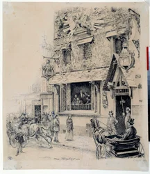 Widok na wejście do Cabaret du Chat Noir. Rysunek tuszem Paula Merwarta (1855-1902) XIX-wieczny Paryż, Musee Carnavalet