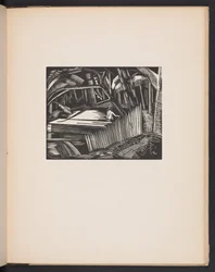 Dark Lake, ilustracja z "Places. 7 grafik odtworzonych z klocków zaprojektowanych i wygrawerowanych przez Paula Nasha, z ilustracjami prozą". Londyn, William Heinemann, okładka