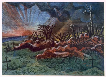 Wschód słońca, ruiny hospicjum, na północny zachód od Wytschaete, zniszczone przez bombardowanie w 1917, z British Artists at the Front, Kontynuacja Frontu Zachodniego, część trzecia, Paul Nash