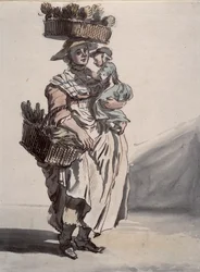 Londyński sprzedawca zielonych warzyw niosący dziecko, 1759