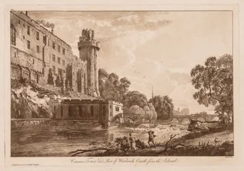 Widoki zamku Warwick: Cezara i część zamku Warwick z wyspy, 1776.