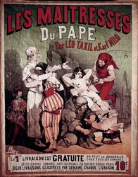 Plakat Leo Taxila (1854-1907) i Karla Milo „Pokojówki Papieża”, księga antyklerykalna z 1884 r. Przedstawia kobietę torturowaną na pręgierzu, kat przebija jej pierś. Ilustracja Hode, XX wiek. Prywatna kolekcja