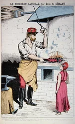 Ilustracja z „La Bombe” przedstawiająca generała Boulangera z Marianne, karykatura dotycząca francuskich wyborów w 1889 r., 9 czerwca 1889 r. (kolor lito)