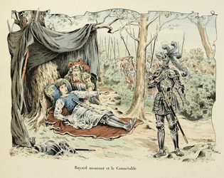 Ilustracja zaczerpnięta z książki „Histoire du chevalier Bayard” autorstwa Theodore Cahu, ilustrowana przez Paula De Semanta (1855-1915): Bayard umierający i Le Connetable de Bourbon 1524