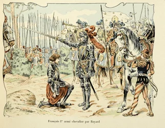 Ilustracja zaczerpnięta z książki „Histoire du chevalier Bayard” autorstwa Theodore Cahu, ilustrowana przez Paula De Semanta (1855-1915): Francois 1, er arme chevalier par Bayard 1515