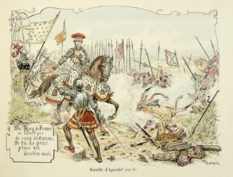 Ilustracja zaczerpnięta z książki „Histoire du chevalier Bayard” autorstwa Theodore Cahu, zilustrowana przez Paula De Semanta (1855-1915): Bitwa pod Agnadel 1509