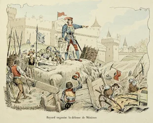 Ilustracja zaczerpnięta z książki „Histoire du chevalier Bayard” Theodore Cahu, ilustrowana przez Paula De Semanta (1855-1915): Bayard organizuje obronę Mezieres 1521