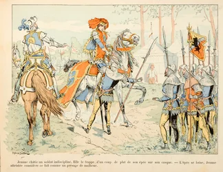 Ilustracja zaczerpnięta z książki „”Joan of Arc”” Theodore Cahu i zilustrowana przez Paula De Semant (1855-1915): Joanna d’Arc rozmawia z niezdyscyplinowanym żołnierzem
