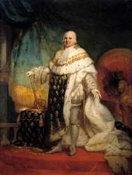 Pełnowymiarowy portret Ludwika XVIII (1755-1824) w kostiumie corre Obraz Jean Baptiste Paulin-Guerin (Paulin Guerin) (1783-1855) 1824 Nd. 2,69 x 2,04 m - Pełnowymiarowy portret Ludwika XVIII (1755-1824) w szatach koronacyjnych. Obraz Paulina Guerina (17