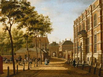 Haga: Mauritspoort i Binnenhof widziane po drugiej stronie Plein, 1773