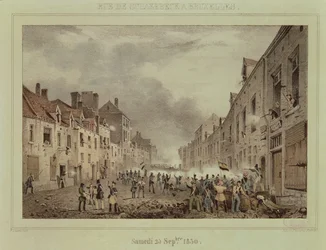 Walka na Rue Schaerbeek, Bruksela, niedziela 25 września 1830, grawerowana przez Dewas Me-Pletinckx