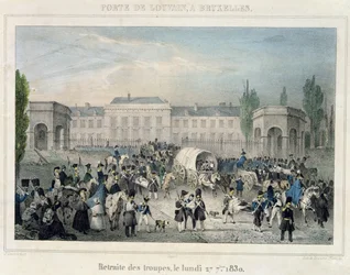 Porte de Louvain, Bruksela: Odwrót wojsk holenderskich, 27 września 1830, grawerowane przez Dewasme-Pletinckxa