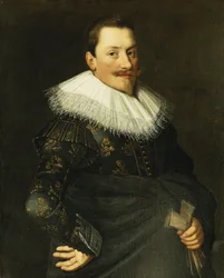 Portret dżentelmena stojącego w połowie długości w niebieskim stroju ze złotym haftem i białym koronkowym kołnierzyku,