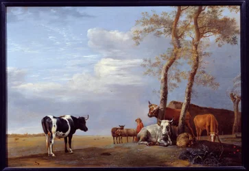 Krajobraz z chłopem i zwierzętami. Obraz Paula Pottera (1625-1654) Ec. Hol.