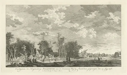 Ruiny fabryki prochu w Sollenburgu po wybuchu 14 sierpnia 1758 r. Szczątki kruytmakerye Sollenburg w Overtoomse Weg koło Amsterdamu, skoczył 15 sierpnia 1758 (tytuł na obiekcie)