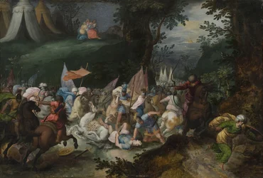 Bataille entre les Israelites et les Amalecites - Bitwa między Izraelitami a Amalekitami, prowadzona przez Casteelsa, Pauwelsa (aktywna ok. 1649-1680). Olej na drewnie. Wymiar : 45x65 cm. Muzeum Narodowe w Sztokholmie