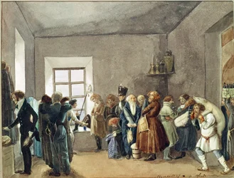 Sala przyjęć komisarza policji w noc przedświąteczną. Praca Pavel Andreyevich Fedotov (1815-1852), akwarela, tusz i ołówek na papierze