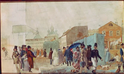 Scena ulicy w deszczu w Moskwie. Praca Pavel Andreyevich Fedotov (1815-1852), akwarela na papierze