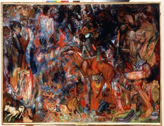 "Kompozycja au cavalier" (Kompozycja z jeźdźcem) Peinture de Pavel Nikolayevich Filonov (1883-1941) sd. Państwowe Muzeum Rosyjskie, Saint Petersbourg