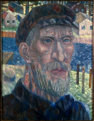 Członek kołchozu. (członek kołchozu). Portret rolnika w ZSRR, w okresie polityki kolektywizacji kierowanej przez rząd Józefa Stalina (Stalina) (Joseph Vissarionovich Djougachvili dit) (1879-1953), od 1928 do 1940 r. Malarstwo
