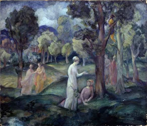Spacer po polach. (Spacer przez pola). Scena rekreacyjna, młode kobiety między drzewami na wzgórzach. Praca Pawła Siemionowicza Naumowa (1884-1942), olej na tekturze