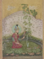 Fragment Humajuna siedzącego w krajobrazie, z albumu późnego szachdżahana, ok. 1650 (toaleta, atrament i złoto na papierze)