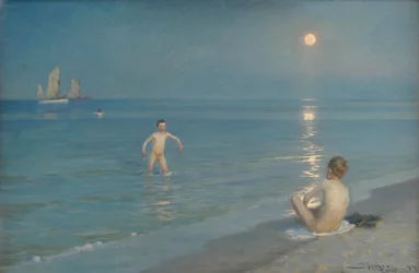 Chłopcy kąpiący się w Skagen. Letni wieczór