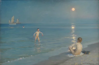 Chłopcy kąpiący się w Skagen. Letni wieczór