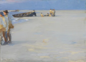 Rybacy na północnej plaży w Skagen. Letni wieczór
