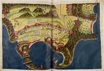 Poniżej portugalska ilustracja Muscatu, z rękopisu Livro do Estado da India Oriental Pedro Barreto de Resende, Sloane MS 197.