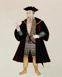 Portret w stopach Alfonsa (Alfonso lub Afonso) z Albuquerque (1453-1515), portugalskiego nawigatora i konkwistadora, nazywanego czasem "portugalskim Marsem". W "Livro do Estado da India Oriental", autorstwa Pedro Barretto de Resende, Portugalia