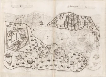 Portugalski plan wysp Bahrajnu, Livro do Estado da India Oriental Pedro Barreto de Resende, Sloane MS 197, f.165v-166r (pióro i tusz na papierze)