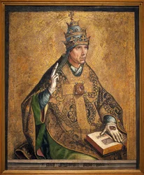 Portret papieża Saint Gregoire (znany jako Wielki, Pontyfikat 540-604). Obraz Pedro Berruguete (ok. 1450), olej i złoty płatek na drewnie, ok. 1495. Narodowe Muzeum Sztuki Katalonii, Barcelona (Hiszpania).