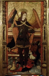 ""Archanioł Michał ważąc dusze zmarłych"" (Archanioł Michał ważąc dusze zmarłych) Obraz Pedro Espalarguesa młodszego (XVI wiek) Muzeum Puszkina, Moskwa