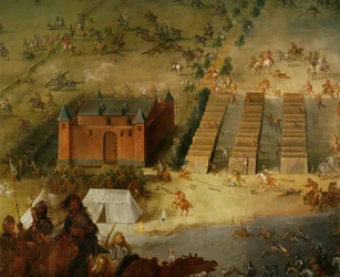 Wojna trzydziestoletnia: bitwa pod Diedenhofen w 1639 r., w której generał Ligi hrabia Piccolomini pokonał francuskie oddziały ...