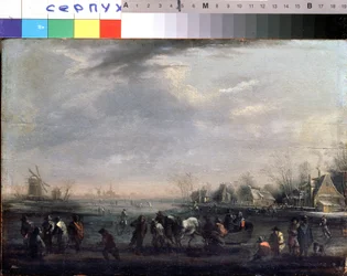 „Zimowy krajobraz z łyżwiarzami” Obraz Peetera Bout (1658-1719) Serpukhov, Państwowe Muzeum Historii i Sztuki