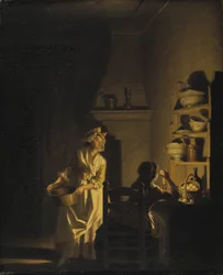 Le test des oeufs, interieur de cuisine - Testowanie jajek. Wnętrze kuchni, autorstwa Hillestroma, Pehr (1732-1816). Olej na drewnie. Wymiar : 39x32 cm. Muzeum Narodowe w Sztokholmie
