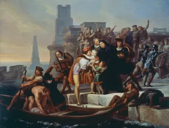 Krzysztof Kolumb opuszcza port Palos de la Frontera polecając swoich synów ojcu Giovanniemu Perezowi (1492)