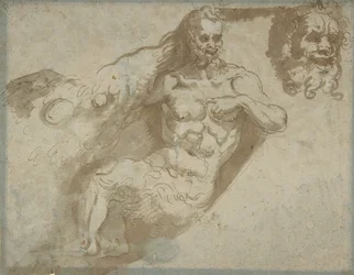 Siedzący satyr z powiększoną głową tego samego prostokąta, głowa kobiety verso, 1527-96.