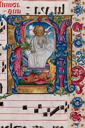 Biblioteka Piccolomini: księga chóralna, dorsz. 101,7, n. 14r ze „Zmartwychwstaniem Chrystusa” Pellegrino di Mariano. Szczegół.