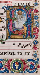 Biblioteka Piccolomini: księga chóralna, dorsz. 101,7, n. 14r ze „Zmartwychwstaniem Chrystusa” Pellegrino di Mariano.